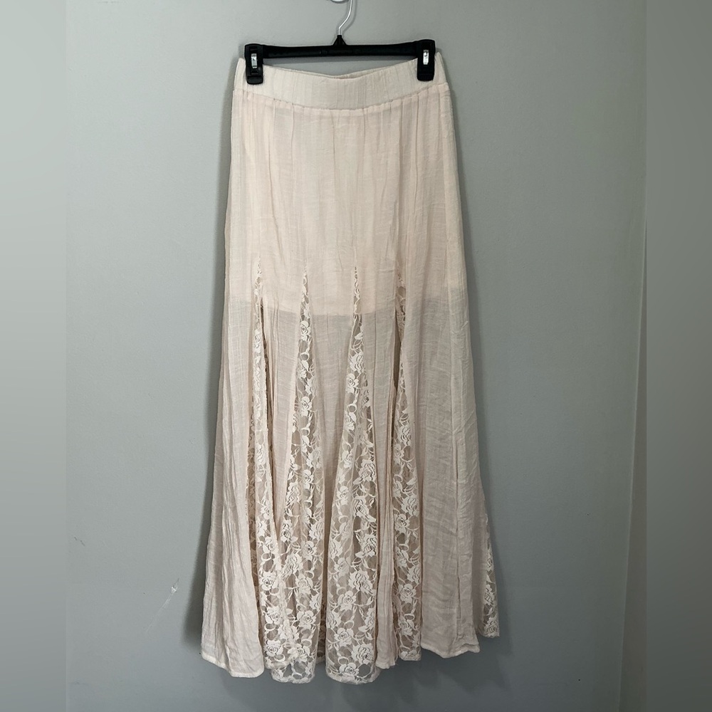 Poetry Cream Lace Split Maxi Skirt Size Medium Boho Cottagecore Flowy